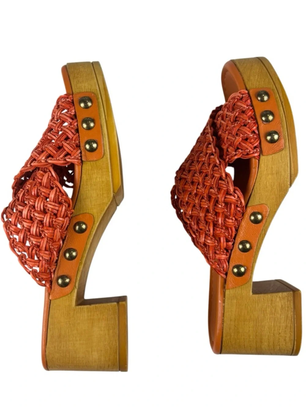 CHOCOLAT BLU DAWN ORANGE RAFFIA WOVEN STUDDED WOOD PLATFORM SLIDE SANDAL